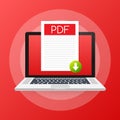 Download PDF button on laptop screen. Downloading document concept. File with PDF label and down arrow sign. Vector illustration. Royalty Free Stock Photo